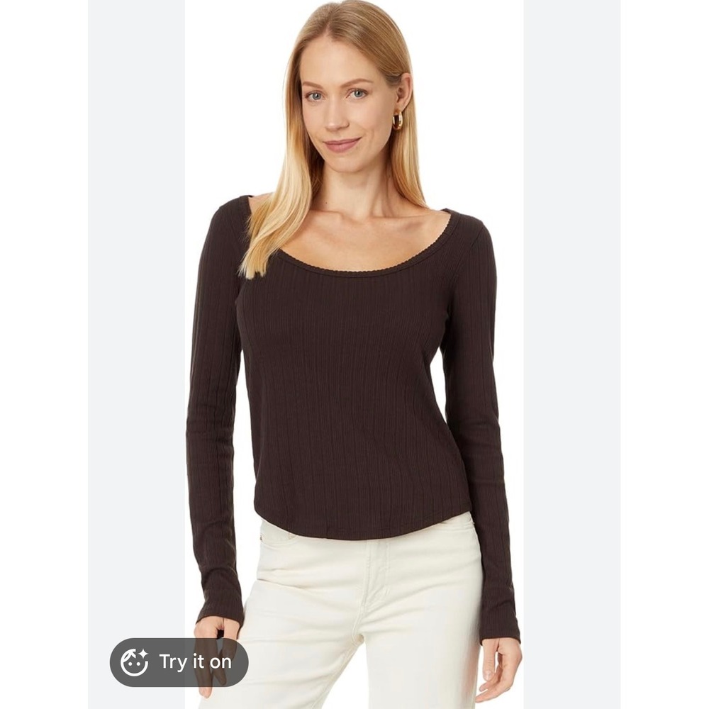 Madewell Brown Ribbed Long Sleeve Scoop Neck Picot Trim Top Small